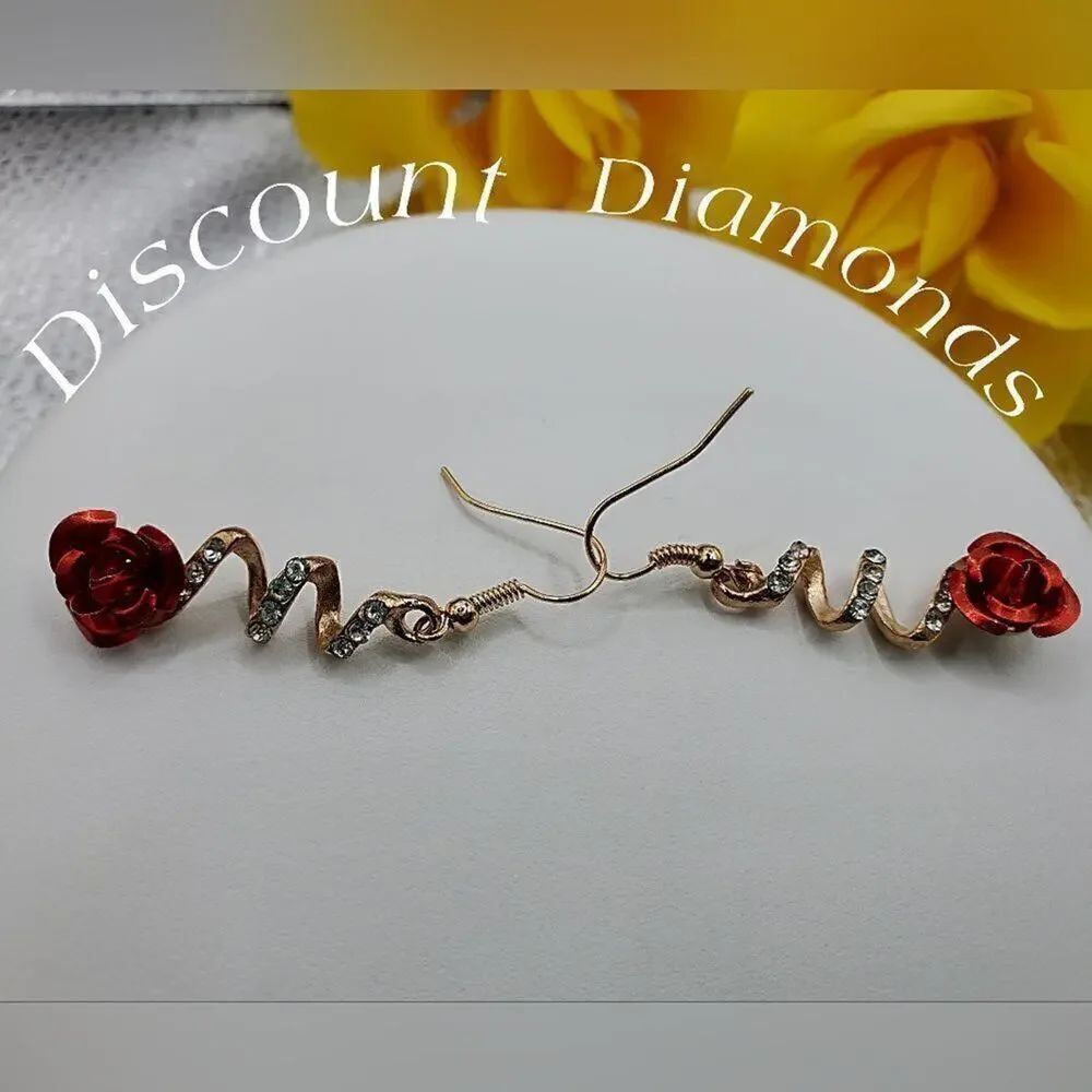 White Baguette Diamonds EnamelโRed Flower Earrings 925 French Wire